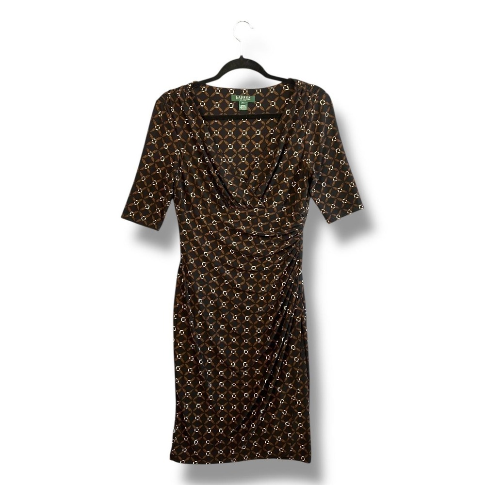 Lauren Ralph Lauren Sheath Dress Size 6 Brown Black‎ Ruched Side - Picture 2 of 12